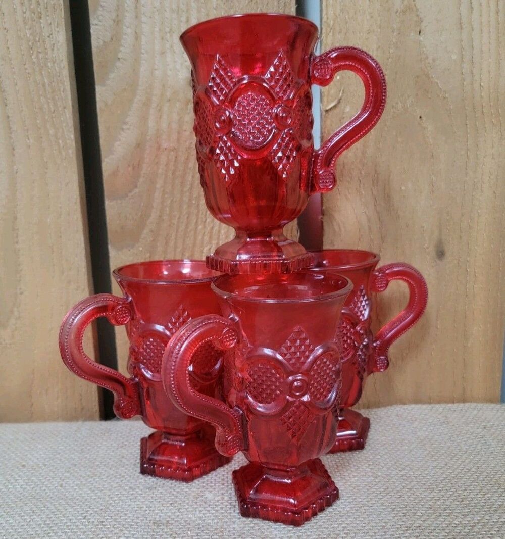 Vintage Red Set of 4 Footed Cup Mug Irish Coffee Tea